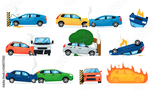 Car accident set. Isolated cartoon car crash icon collection. Transport road accident, cars collision, vehicle on fire. Vector transportation safety illustration