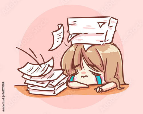 Stressed Office girl working at desk with documents cartoon art illustration Premium Vector