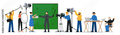 Movie production scene. Isolated film production people crew making movie. Film director man, actor person, camera operator shooting, lighting technician woman, sound designer vector illustration