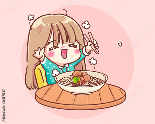 Happy cute girl eating noodle cartoon art illustration Premium Vector