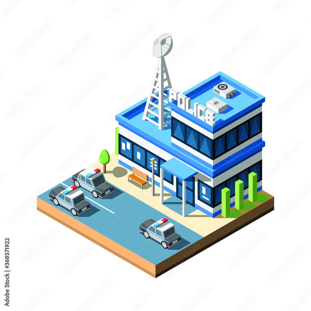 Isometric 3D Police Station Building With Cars Vector Design Style Isometric 3D Police Station Building With Cars Vector Design Style
