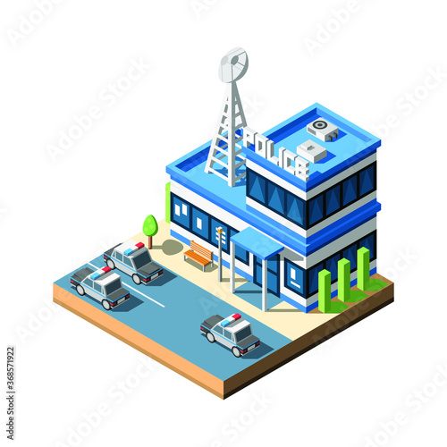 Isometric 3D Police Station Building With Cars Vector Design Style