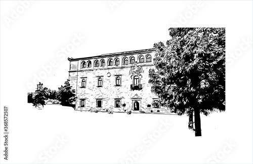 Building view with landmark of Alcala de Henares is a city in central Spain, northeast of Madrid. Hand drawn sketch illustration in vector.
