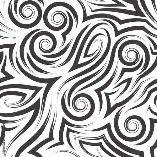 Vector seamless pattern drawn with paint on a white background for decoration. Smooth lines with torn ends in the form of spirals of corners and loops.