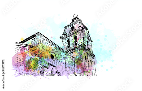 Building view with landmark of Alcala de Henares is a city in central Spain, northeast of Madrid. Watercolor splash with Hand drawn sketch illustration in vector.