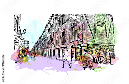 Building view with landmark of Alcala de Henares is a city in central Spain, northeast of Madrid. Watercolor splash with Hand drawn sketch illustration in vector.