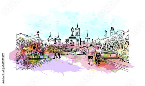 Building view with landmark of Alcala de Henares is a city in central Spain, northeast of Madrid. Watercolor splash with Hand drawn sketch illustration in vector. photo