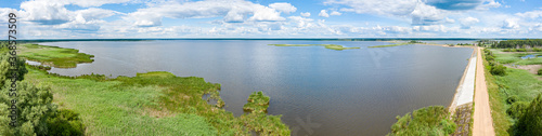 water surface of Luban water reservoir in Belarus. beautiful summer landscape. aerial panoramic view 