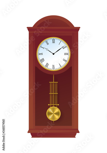 Traditional retro style pendulum clock. Vintage grandfather floor clock in tall wooden case. Interior decoration object flat vector illustration isolated on white background.