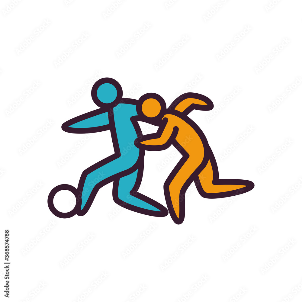 Soccer players with ball line and fill style icon vector design