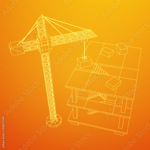 Building under construction with crane. Build house construct in process. Wireframe low poly mesh vector illustration