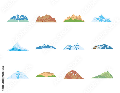folded mountains icon set, flat style