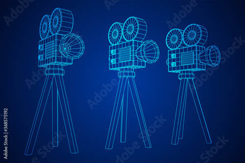 Polygonal camera projector. Movie time. Show film cinema festival concept. Wireframe low poly mesh vector illustration.