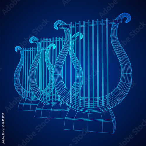 Ancient lyre or harp musical instrument. Music concept. Wireframe low poly mesh vector illustration.