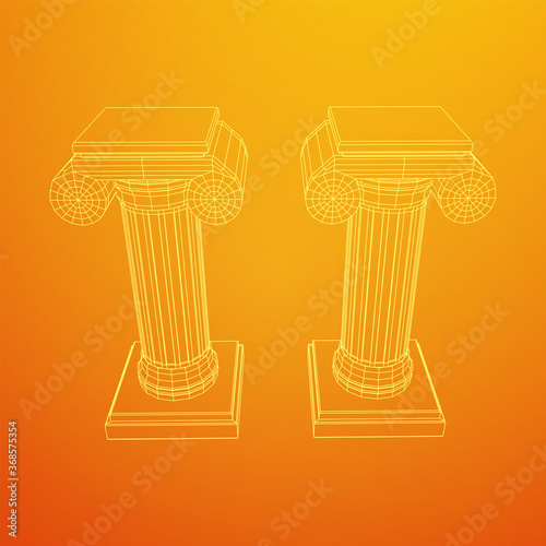 Greek ionic column. Ancient pillars roman antique architecture construction decoration. Wireframe low poly mesh vector illustration.