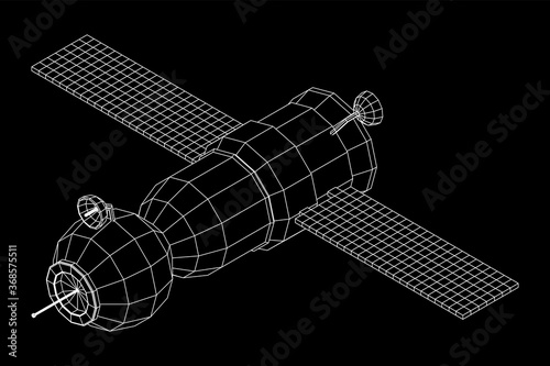 Space station communications satellite. Wireframe low poly mesh vector illustration.