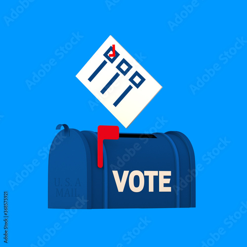 Mail in Vote being dropped into a BLUE USA Mail Box that represents a Election Ballot Box on isolated blue background. 3D Illustration