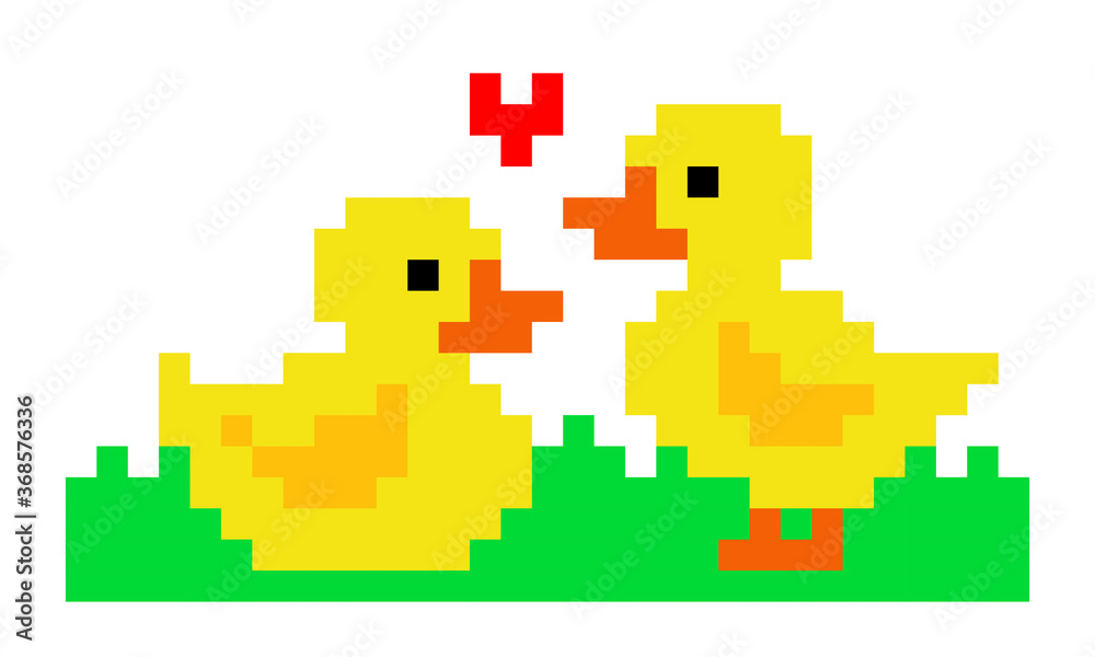 Duck pixel. A pair of duck patterns. Vector illustration of pixel art.