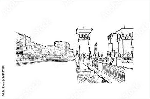 Building view with landmark of Alexandria is a Mediterranean port city in Egypt. Hand drawn sketch illustration in vector.