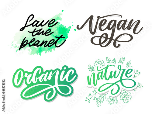 Organic brush lettering. Hand drawn word organic with green leaves. Label  logo template for organic products  healthy food markets.