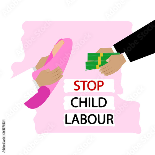 Trafficking in children for money. Hands holding a child and money. Stop trafficking in young children.