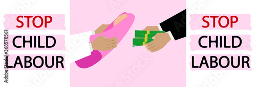 Trafficking in children for money. Hands holding a child and money. Stop trafficking in young children.