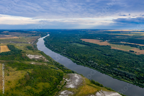 Famous Don River at sunrise with drone and wheat fields photo