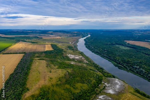 The Don River, limestone mountains and fields in the Voronezh region. photo