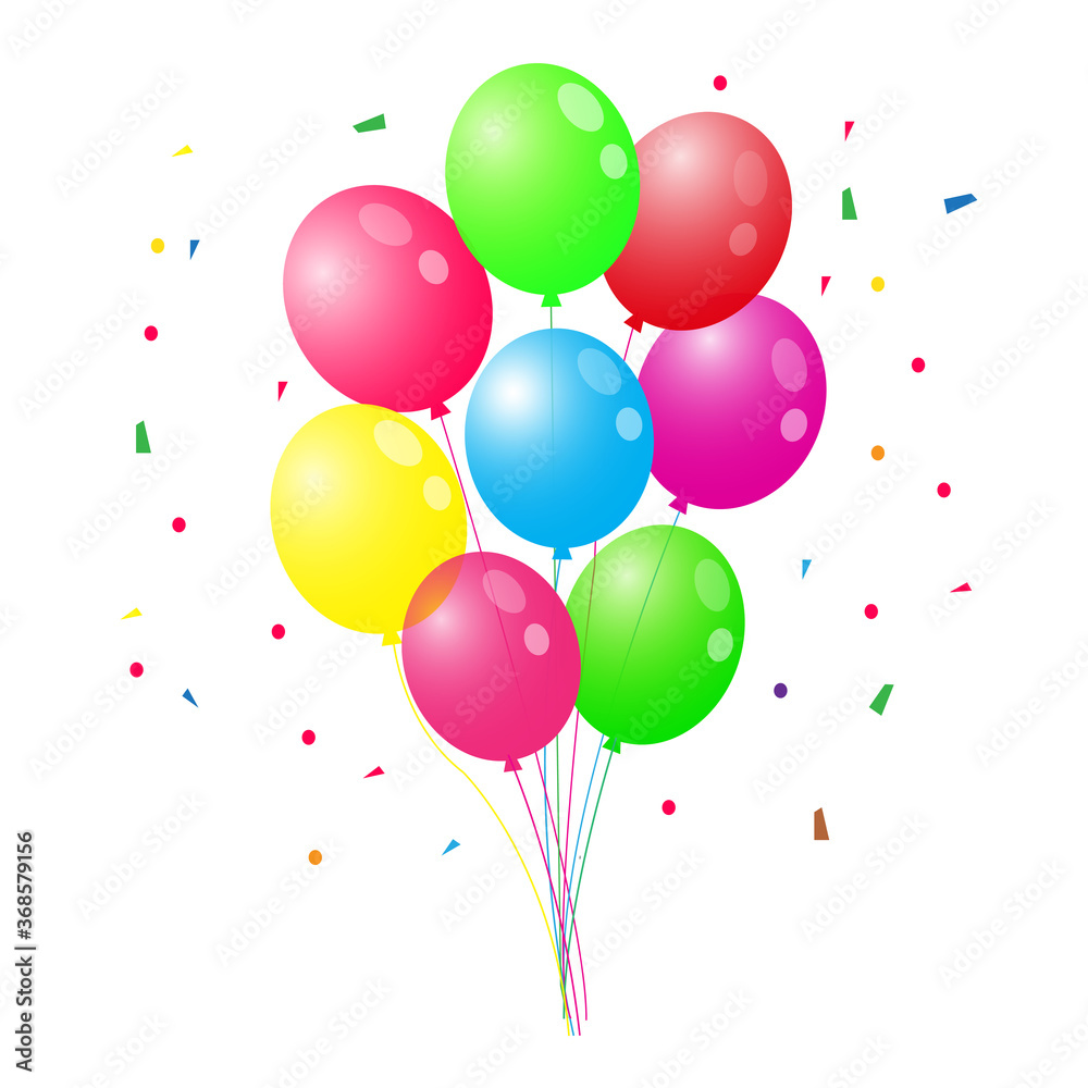 Colorful Shiny Balloons With Confetti Illustration Vector. Perfect For Birthday Greeting Card