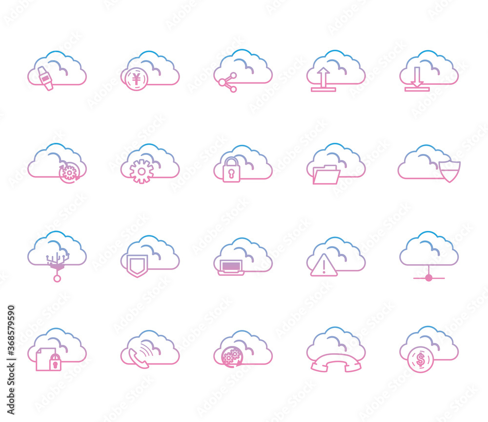 Obraz premium Cloud computing gradient style icon set vector design
