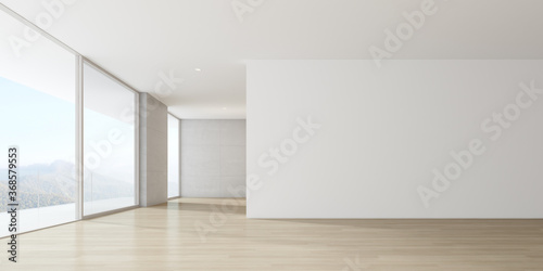 Fototapeta Naklejka Na Ścianę i Meble -  Modern empty room with wooden floor and large window on mountain background. 3d render.	
