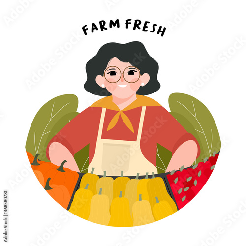Farmer's Market flat design vector illustration. Support local farmers concept. Eat Local organic production. farmer standing at counter of greengrocer's shop or marketplace selling fruits vegetables