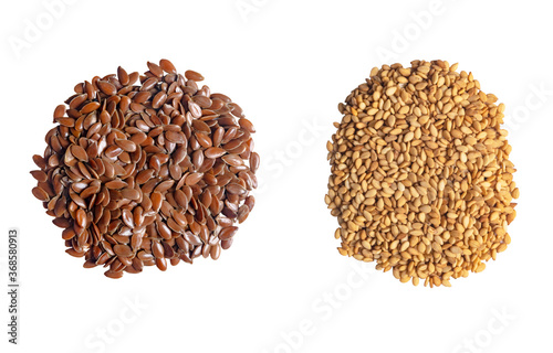 Linseeds and sesame seeds. Flax and sesame seeds isolated on white background. Flax and sesame seed heap isolated on white background. Linseed pile closeup isolated