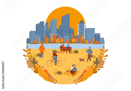 Autumn park season background with people outdoor different situations in a circle flat vector illustration. Beautiful fall autumn scenery in urban and park with cartoon people walking in autumn park