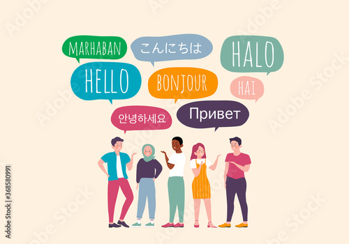 Different Language Speech Bubble Hello Concept. Hello in different languages. Diverse cultures, international communication. Native speakers, friendly man and woman cartoon characters illustration