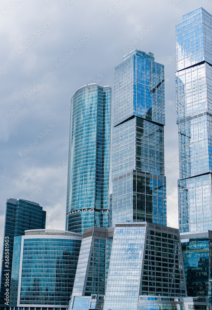 buildings skyscrapers Moscow City in summer on a cloudy day