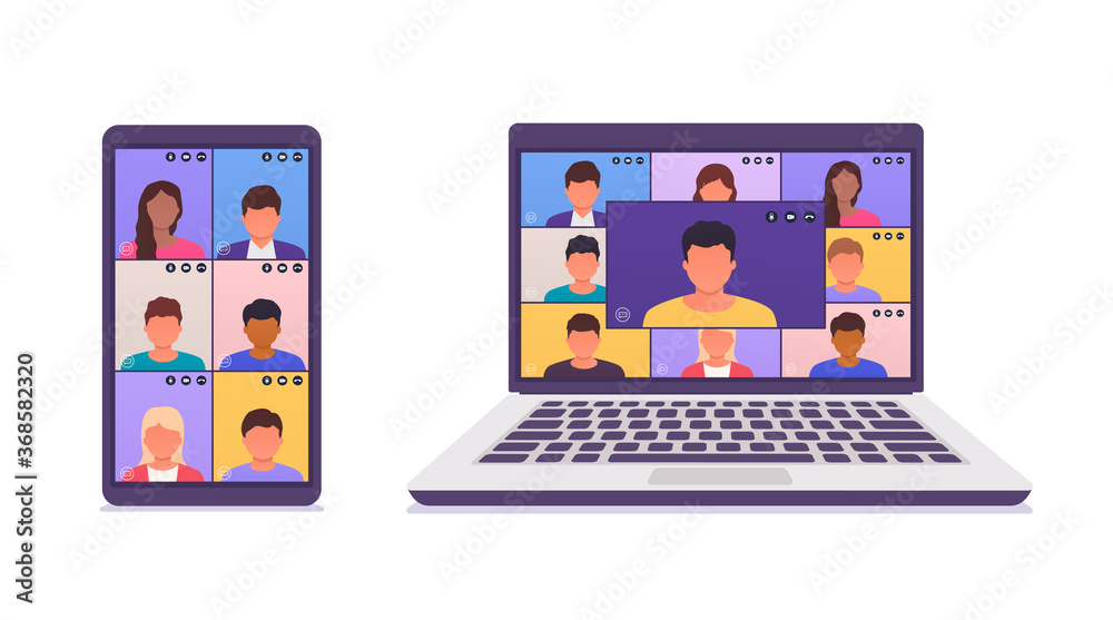 Colleagues talk to each other on the screen of a laptop, smartphone. Remote work via teleconference, video call conference, online meeting, e-learning. Colleagues talk to each other on the screen of a laptop, smartphone. Remote work via teleconference, video call conference, online meeting, e-learning.