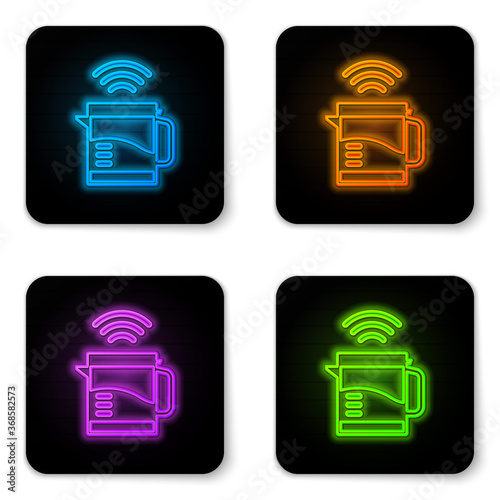 Glowing neon Smart electric kettle system icon isolated on white background. Teapot icon. Internet of things concept with wireless connection. Black square button. Vector.