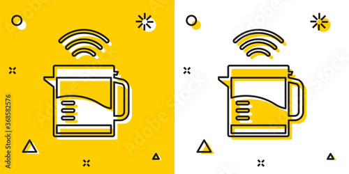 Black Smart electric kettle system icon isolated on yellow and white background. Teapot icon. Internet of things concept with wireless connection. Random dynamic shapes. Vector.
