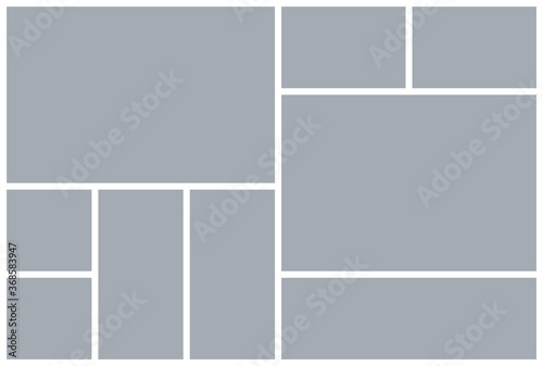 Photo collage grid. Mood board template. Vector. Moodboard design. Mosaic frame banner. Gray pictures on white background. Photography album layout. Branding presentation. Minimalistic illustration