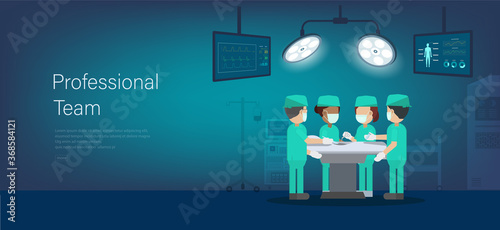 Professional surgeon team banner with surgeon team in surgery room flat design vector illustration