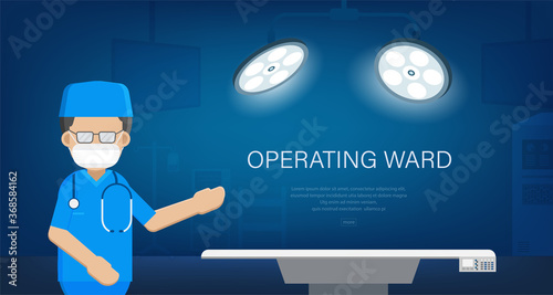 Operating ward banner with surgeon in surgery room flat design vector illustration