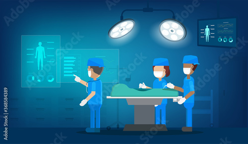 Surgeon team in surgery room with graphic display flat design vector illustration