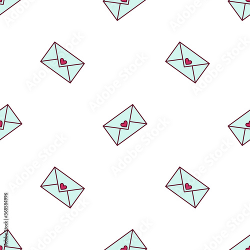 Seamless pattern with letters of love. Paper sealed envelope decorated with a heart. Vector illustration on white background