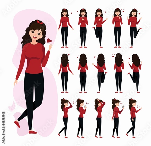  Vector cartoon girl character. Pretty young woman constructor in flat style with red t-shirt.
