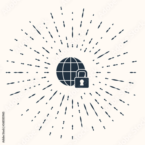 Grey Global lockdown - locked globe icon isolated on beige background. Abstract circle random dots. Vector.