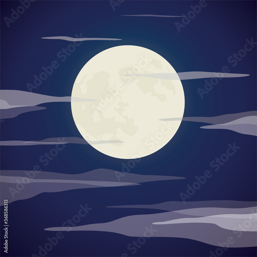 Glowing Full Moon in a Deep Blue Night Sky with Translucent Clouds