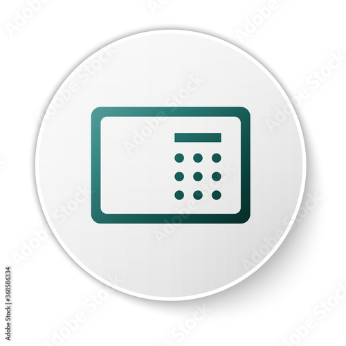 Green Safe icon isolated on white background. The door safe a bank vault with a combination lock. Reliable Data Protection. White circle button. Vector.