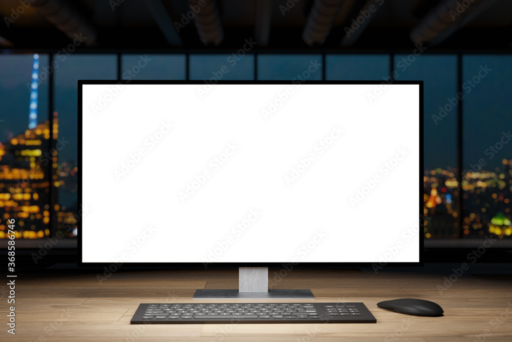 large computer workstation on blank wooden office desk and skyline night view, 3D Illustration