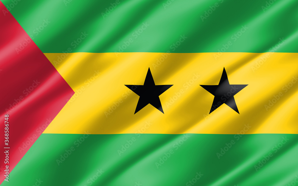 Silk wavy flag of Sao Tome and Principe graphic. Wavy Sao Tomean flag 3D illustration. Rippled Sao Tome and Principe country flag is a symbol of freedom, patriotism and independence.